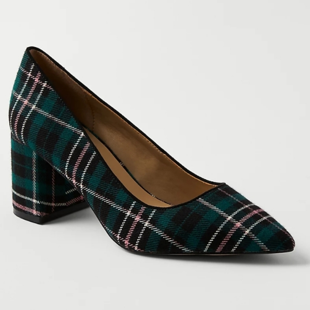 Plaid Block Heel Pumps